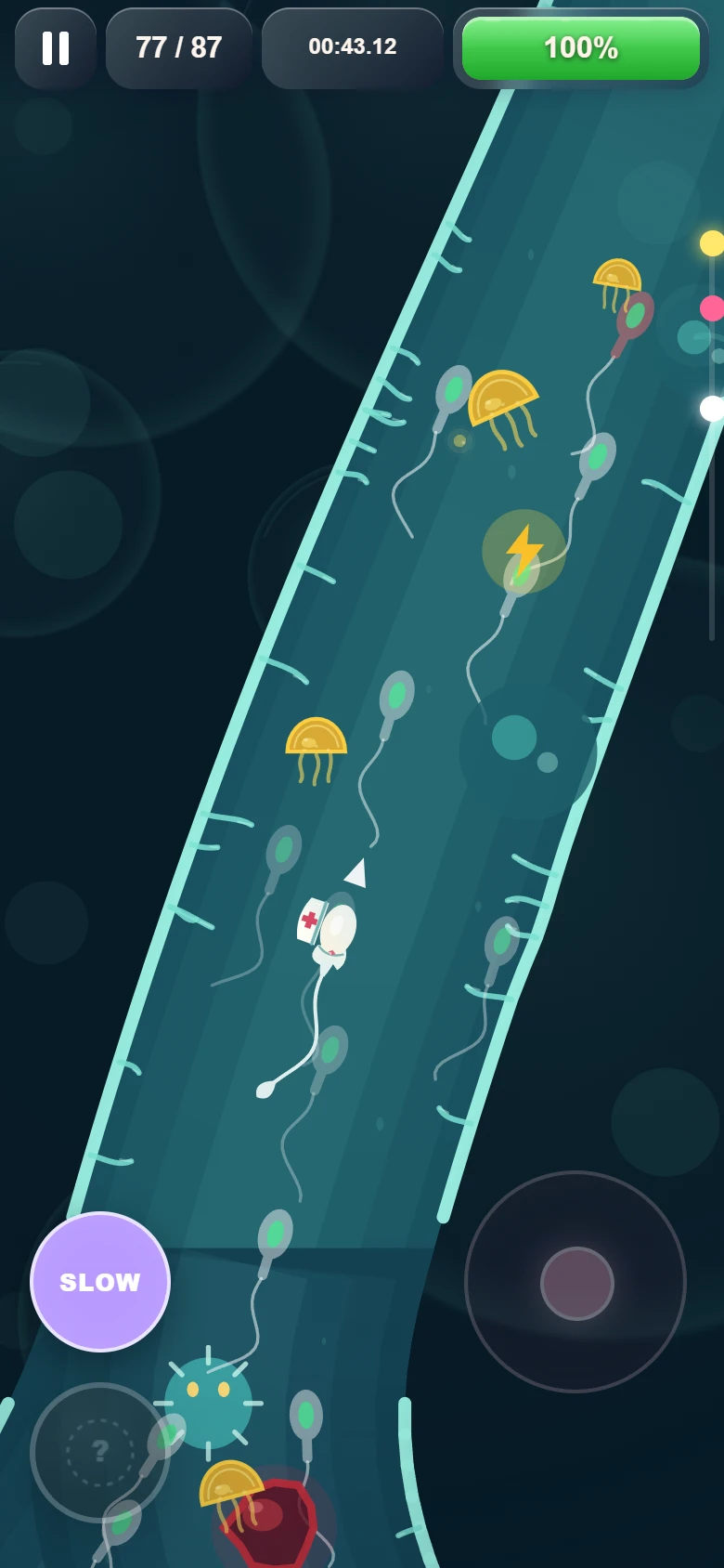 Doctor swimmer dodging hazards on an ocean-blue road