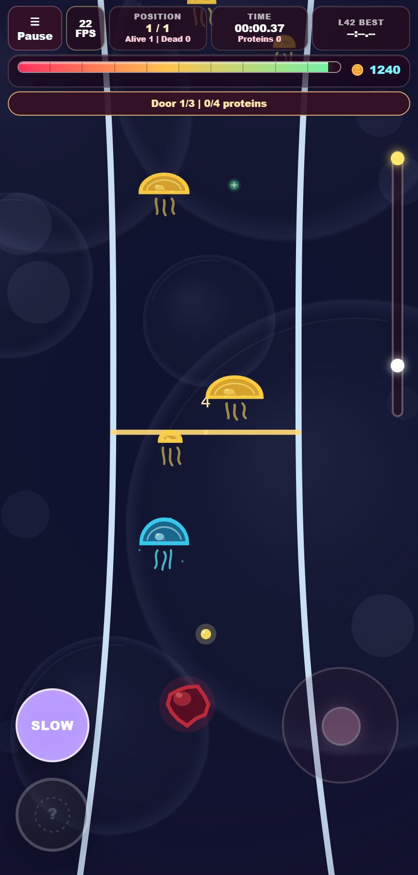 A narrow, icy course with protein gates, pickups and hazards.